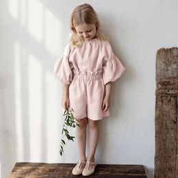 Clothing Sets Retro Cotton And Linen Girls Suit Spring Autumn New Childrens Casual Long Sleeve Linen Shirt Tops + Shorts 2pcs Sets TZ114