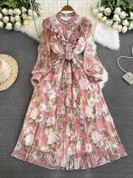 Casual Dresses Frenchic Long For Women Floral Print Stand Collar Lantern Sleeve Female Vestidos Ruffles Patchwork Belted Dress Dropship