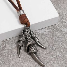 Pendant Necklaces Vintage Dragon Claw Pendant Necklace Mens and Womens Silver Leather Rope Necklace Punk Gothic Hip Hop Party JewelryQ