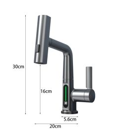 Gun Grey Intelligent Digital Display Waterfall Pull Out Kitchen Faucet Cold Hot Mixer Taps Rotatable Sink Lifting Basin Faucet