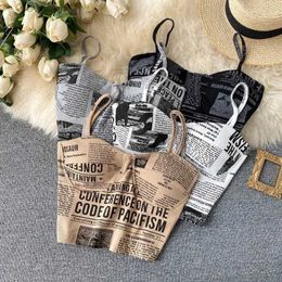 Womens Tanks Camis Womens Push Up Camisole Padded Bra Sexy Top Hanging Tank Fashion Printed Newspaper Camisole Womens Soft Sleeves Tubeless Top J240409