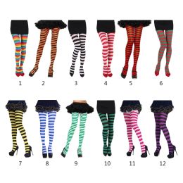 Women Multicolor Striped Tights Full Length Footed High Waist Leggings Elastic Long Stockings Pantyhose for Mardi Gras