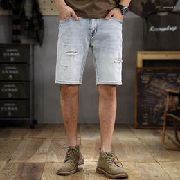 Men's Jeans Summer Washed Wear-White Ripped Denim Shorts Versatile Slim Straight American Fashion Brand High-End Casual Cropped Pants