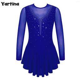 Stage Wear Kids Girls Gymnatics Ballet Lyrical Dance Dress Long Sleeve Round Neckline V Shape Rhinestone Hollow Back Figure Skating