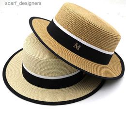 Wide Brim Hats Bucket Hats Summer Female Natural Stiff Wheat Straw Boater Fedora Top Flat Hat Women Beach Flat Brim Cap With black Stripe Ribbon Y240409