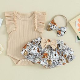 Clothing Sets Born Baby Girl Summer Clothes Ribbed Ruffle Romper Bowknot Floral Skirt Shorts Headband Set 3 Piece Outfits