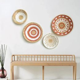 Creative Combination Wall Decoration Rattan Grass Weaving Straw Plate for Home Decor Bedroom Livingroom Background Decoration 240326