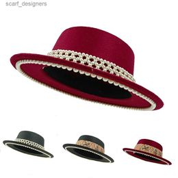 Wide Brim Hats Bucket Hats Pearl Fedora Hat Flat Top Jazz Felt Hat Womens French Elegant Hat Unisex Hot Diamond Autumn Winter Fedora Hat Wide Brim Panama Y240409