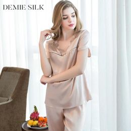 Home Clothing Demiesilk Women Imitation Silk Pajama Sets Solid Color Lace Silky Sleepwear With Sleep Shorts And 80031A