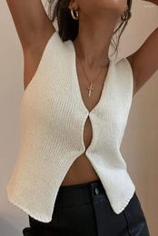 Women's Tanks Women Vintage Crochet Knit Sleeveless Vest Solid Hollow Out Button Down V Neck Harajuku Crop Tops 2000s Korean Casual