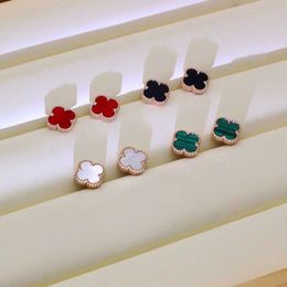 New Quality Designer High Edition Silver Plated 18k Clover Buckle Ear Beat White Fritillaria Earrings Red Jade Chalcedony Black Agate With Logo Vancelf