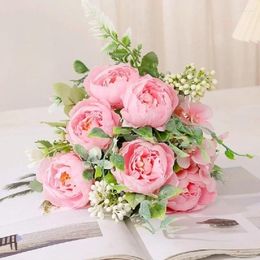Decorative Flowers Simulated Silver Snow Peony Flower Bundle Silk Fake Festival Party Decoration Artificial Orange Peonies Green Plant