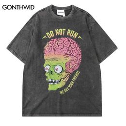 Men's T-Shirts Zombie Skull Print T-Shirt Streetwear Hip Hop Men Vintage Washed Short Sleeve Tshirt 2023 Fashion Summer Casual Loose Tops Tee J240409