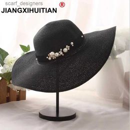 Wide Brim Hats Bucket Hats 2017 summer Fashion flat brim straw hat pearl beading fedoras womens sun-shading sunscreen jazz Panama hat outdoor beach hat Y240409