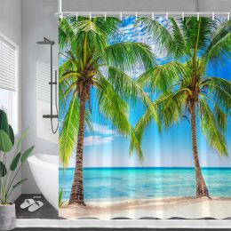Ocean Island Shower Curtains Tropical Plant Palm Trees Parrots Dolphins Beach Wooden Bridge Nature Landscape Bathroom Home Decor