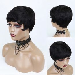 Pixie Cut Short Bob Wigs For Black Women No Lace Front Human Hair Wig With Bang Brazilian Straight Full Machine Cheap Wigs