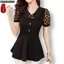 Women's Blouses M-5XL Fashion Shirt 2024 Women Summer Elegant Office Lady Casual Button Shirts Retro Vintage Black Leopard Peplum Tops