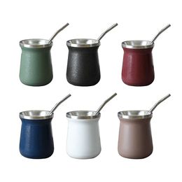 8oz Mate Tea Mugs Double Walled Insulated Tumbler Stainless Steel Yerba Gourd Cup with Straw Sets