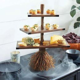 Witch Broom Table Tree Root Decor Snack Tray Cake Dessert Fruit Stand Party Food Display Halloween 240407
