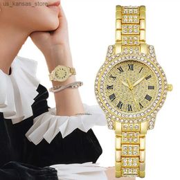 Wristwatches Luxury Women Gypsophila Diamonds Roman Design Gold Quartz es Fashion Set Stainless Steel Bracelet Strap Gift Clock240409