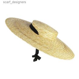 Wide Brim Hats Bucket Hats Women Raffia Wide Brim Boater Hat 12/15/18cm Brim Straw Hat Flat Women Summer With White Black Ribbon Tie Sun Hat Beach Cap Y240409