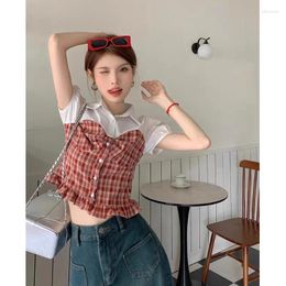 Women's Blouses 2024 Summer Short Sleeve Turn-Down Collar Women Vintage Elegant Plaid Patchwork Shirts Korean Chic Blusas Mujer
