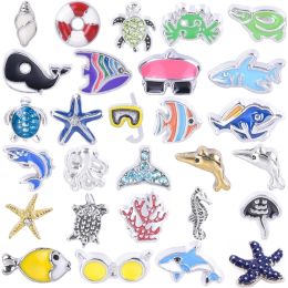 20Pcs Cute Ocean Floating Enamel Charm Turtle,Starfish,Conch,Fish Tail Locket Accessories DIY Jewelry Making Oranment Findings