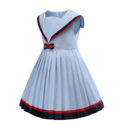 Summer Girls Pleated Dress Short Sleeve Army Style high quality Elegant Girl dress5791525