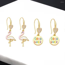 Dangle Earrings FLOLA Gold Plated GOOD LUCK For Women Enamel Pink Flamingo CZ Crystal Jewelry Gifts Erss61