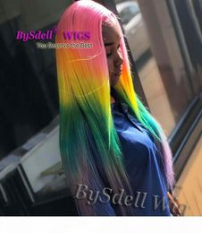 bright colorful rainbow hair wig synthetic long straight pink yellow green purple ombre hair lace front wigs beauty fashion female4192134