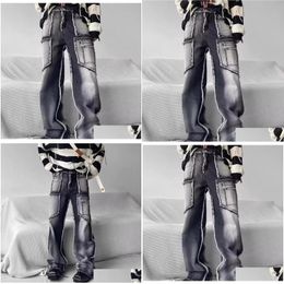 Mens Jeans Designer Male Loose Grey Y2K High Street Denim Pure Colour Pattern Cargo Ripped Pants Drop Delivery Apparel Clothing Dh4Sa