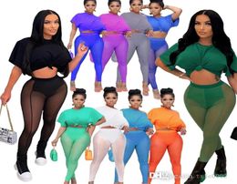 2022 Designer Tracksuits Womens T-shirt And Sheer Yoga Pants Two Piece Set Sexy Mesh Navel Exposed Nightcb Clothing S- 3XL8216746