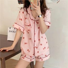 Home Clothing Alien Kitty 2024 Summer Women Short Pyjamas Sweet Nightwear Homewear Love Printing Cotton Loose Two Piece Suit Sets