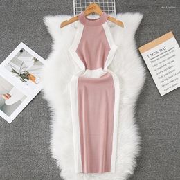 Casual Dresses Ins Fashion Thin Knitted Women Dress 2024 Summer Halter Sleeveless Bodycon Europe Style Ladies Office