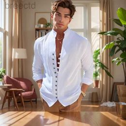 Men's Casual Shirts Mens shirt Spring and autumn vintage cotton hemp muscle solid Colour stand collar casual loose trend long sleeve cardigan top 240409