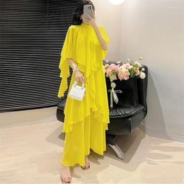 Casual Dresses 2024 Spring Summer Fashion Women Chiffon Sloak Sleeves Irregular Ruffles Folds Solid Colour Holiday Long Dress