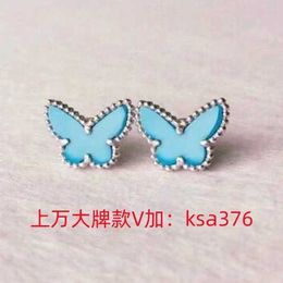 New High Quality Designer Earrings 925 sterling silver plated with 18K white gold turquoise blue agate butterfly earrings With Logo Vancelf