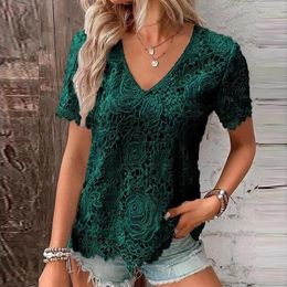 Women's Blouses Casual Loose Clothes Women Sweet White Lace Shirt Summer Fashion Hollow Out Short Sleeve Blouse V-neck Tops Blusas 28318