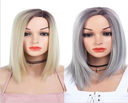 Ombre Black Silver Grey And R627613 Color Short Wigs Cosplay Bob Synthetic Hair Wigs Straight Parting Division For Women76623987549328