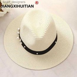 Wide Brim Hats Bucket Hats 2017 New Spring Summer Hats For Women Flower Beads Wide Brimmed Jazz Panama Hat Chapeu Feminino Sun Visor Beach Hat Cappello Y240409