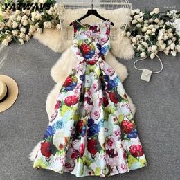 Casual Dresses Sweet Style Y2K Long Dresse For Women Sleeveless O-neck Contrast Color Print High Waist Summer 2024 Holiday Vestidos