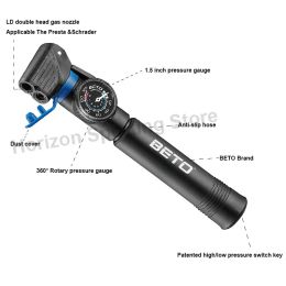 Beto Portable Bicycle Pump Mini Hand Pump Cycling Riding Air Pump Tyre Inflator Repair Tool Schrader Presta MTB Road Bike Pump