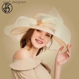 Wide Brim Hats Bucket Hats FS Beige White Organza Wide Brim Sun Hats For Women Church Hats Women Elegant Kentucky Derby Hat Ladies Big Bow Fedora Y240409