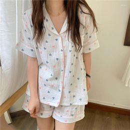 Home Clothing Alien Kitty 2024 Linen Cotton Femme Chic Girls Sleepwear Loose Printing Hearts All Homewear Two Piece Pajamas Sets