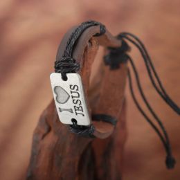 Vintage Leather Woven Jesus Bracelet Charm Men's Bracelet Pull Adjustable Christmas Gift Valentine's Day Gift Protector Jewelry