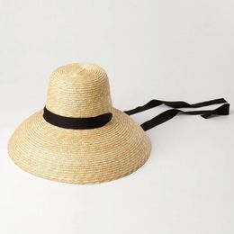 Women Summer Big Floppy Hat Wheat Straw with Black White Ribbon Lace Tie 15cm Wide Brim Sun UV Protection Beach Cap240409