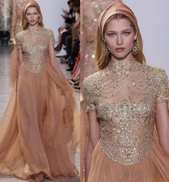 Elie Saab High Neck A Line Evening Dresses Illusion Top Short Sleeve Chiffon Bead Sequined Runway Celebrity Gowns5250138