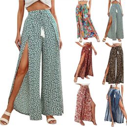 Women's Pants Bohemian Women Flowy Wide Leg Summer Slit Beach Fashion Print High Waisted Baggy Trousers Pantalones De Mujer