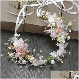 Hair Clips Barrettes Sweet Romantic Pink Flower Butterfly Pearl Bridal Accessories Headband Tiara Crown Forest Jewellery Gift Drop Deliv Dh1Sn