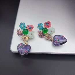 Dangle Earrings Handmade Zircon Crystal Flower Trend Fashion Korean Girl Sweet Rimance Heart Drop Unique Fine Jewellery